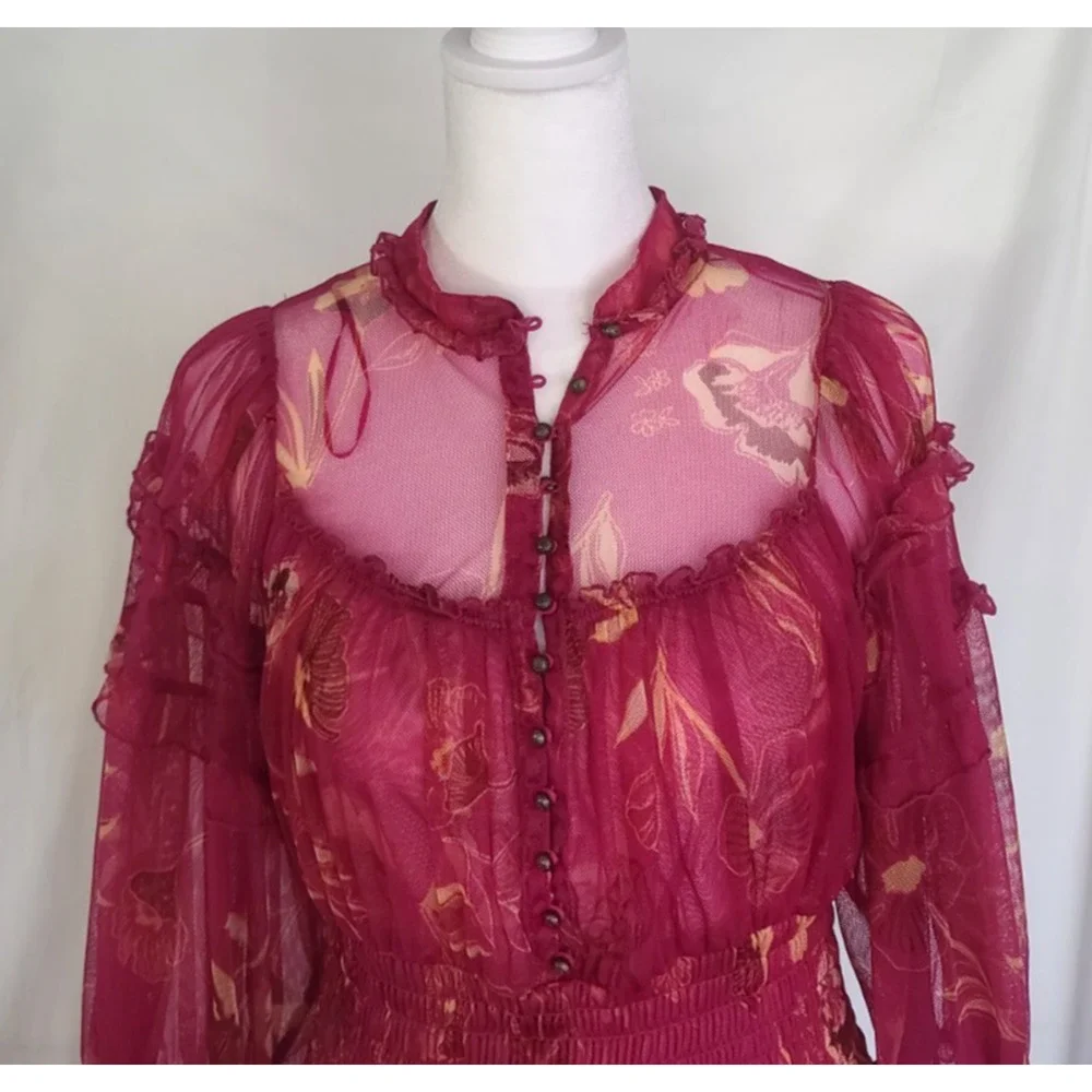 Free People Time For Shine Mesh Fuchsia Floral Smocked Cropped Blouse Top XS